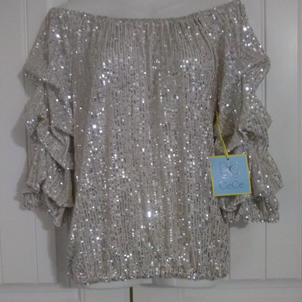 CeCe Champagne Sequin Off-Shoulder Ruffle Sleeve Top